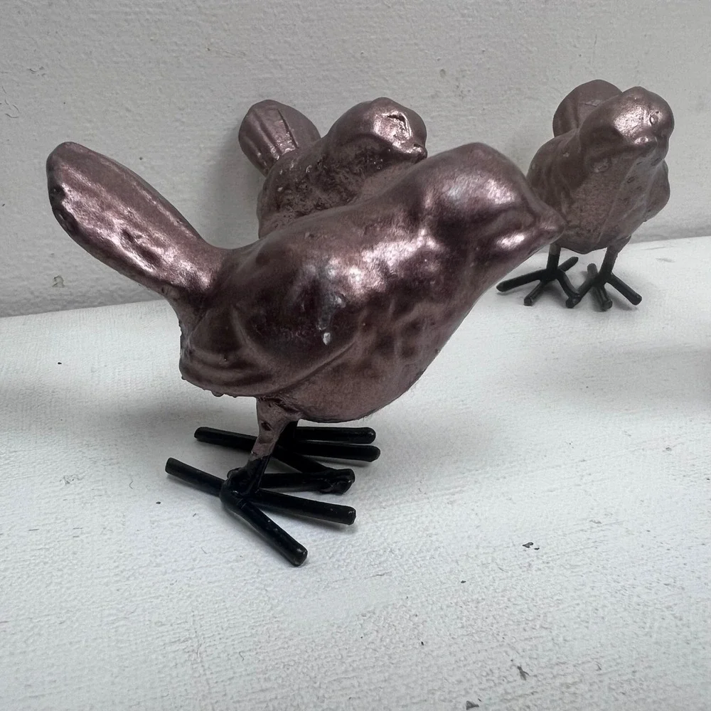 Set of 4 EBOT Metallic Rose Gold Bird Figurines with Black Wire Feet Cast Iron